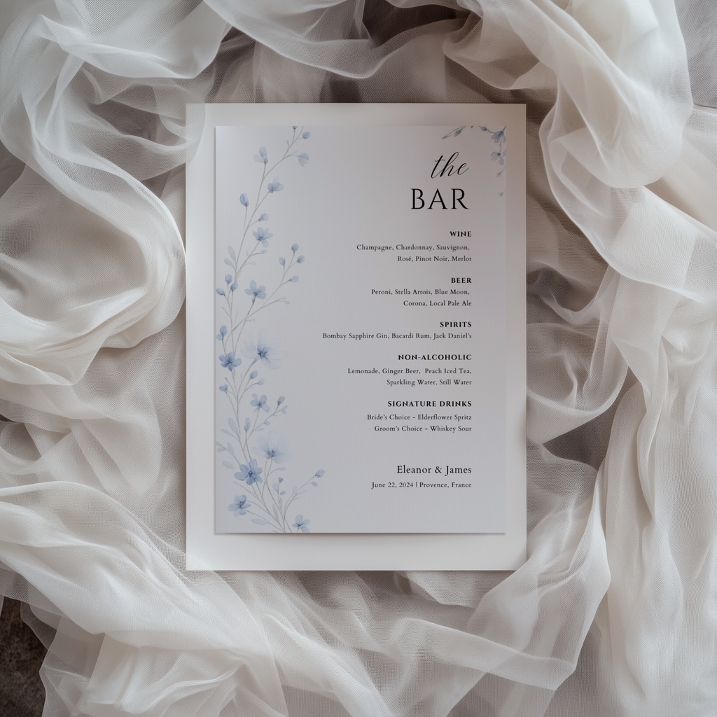 Dusty Blue Wildflower Bar Menu Sign Template | Editable Canva Wedding Sign | Watercolor Drinks Menu | Instant Download