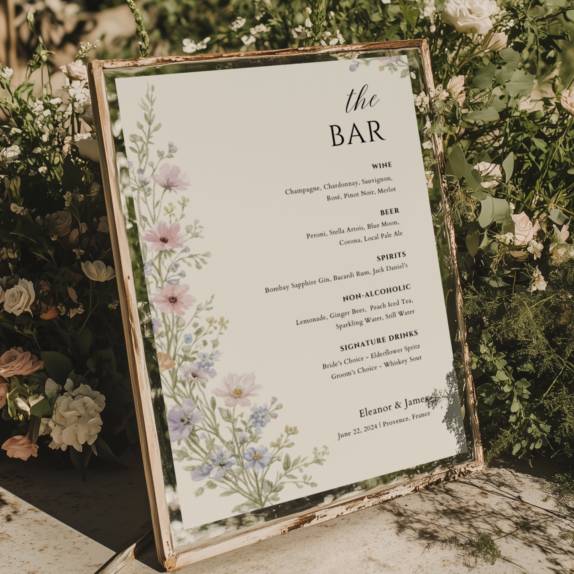 Wildflower Wedding Bar Menu Sign — Editable Canva Template