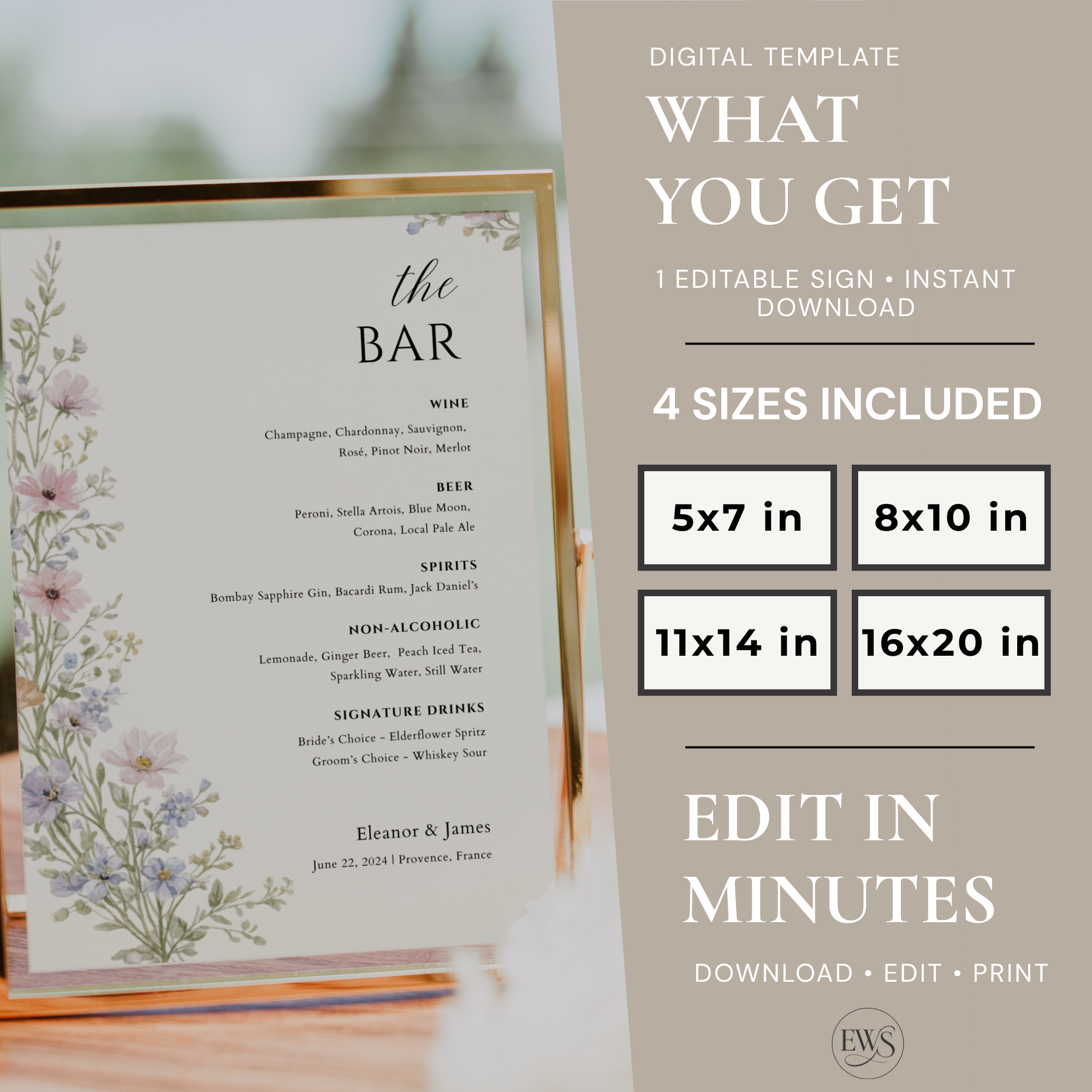 Wildflower Wedding Bar Menu Sign — Editable Canva Template