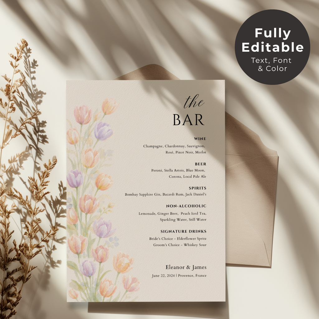 Wildflower Wedding Bar Menu Sign Template | Editable Canva Bar Sign | Pastel Floral Drinks Menu | Instant Download