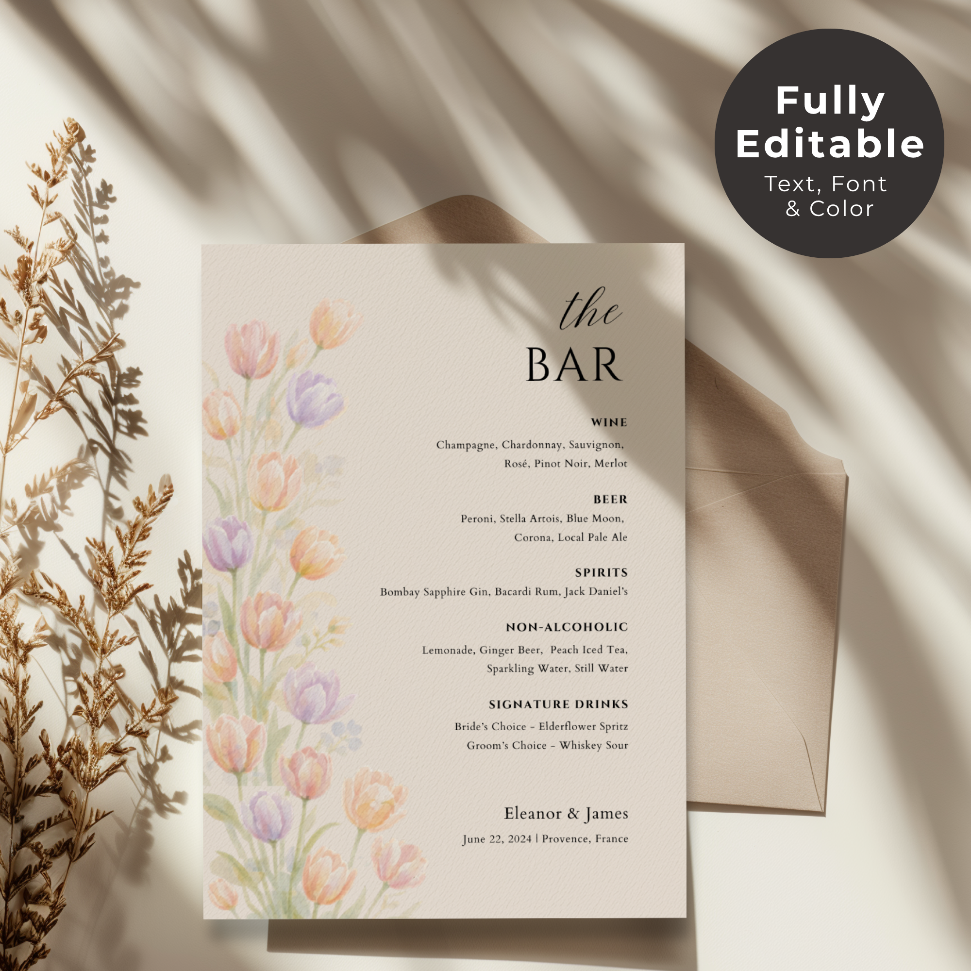 Wildflower Wedding Bar Menu Sign Template | Editable Canva Bar Sign | Pastel Floral Drinks Menu | Instant Download