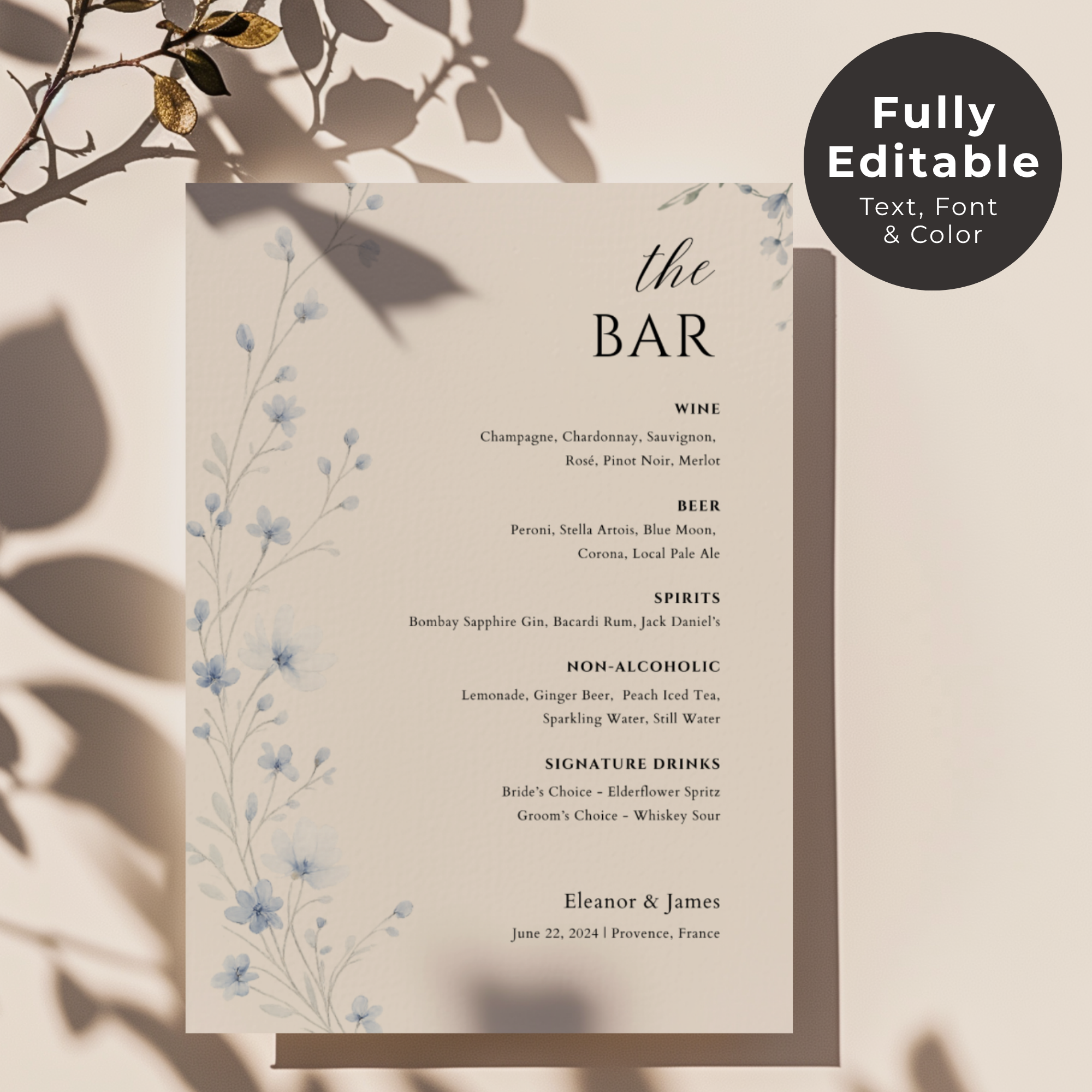 Dusty Blue Wildflower Bar Menu Sign Template | Editable Canva Wedding Sign | Watercolor Drinks Menu | Instant Download