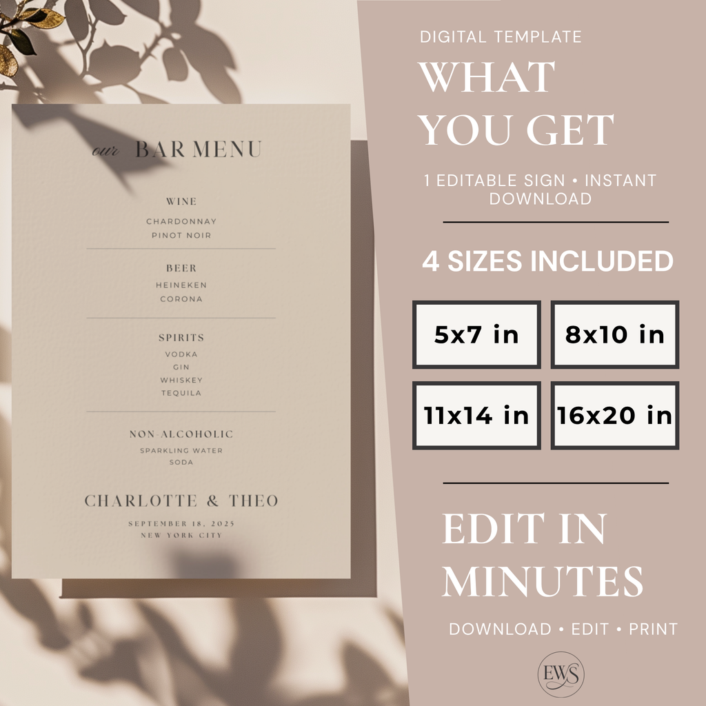 Wedding Bar Menu Sign — Editable Canva Template | 5x7, 8x10, 11x14, 16x20