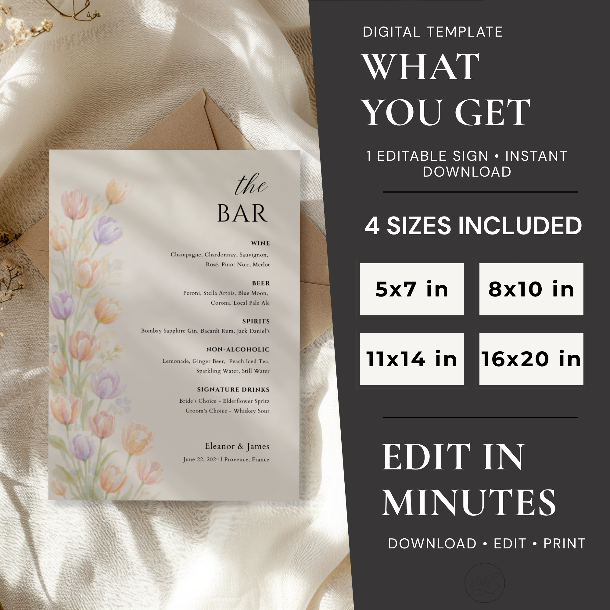 Wildflower Wedding Bar Menu Sign Template | Editable Canva Bar Sign | Pastel Floral Drinks Menu | Instant Download
