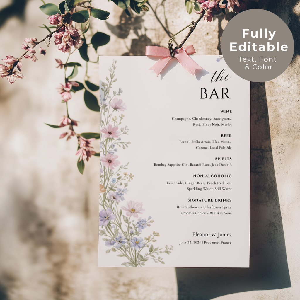 Wildflower Wedding Bar Menu Sign — Editable Canva Template