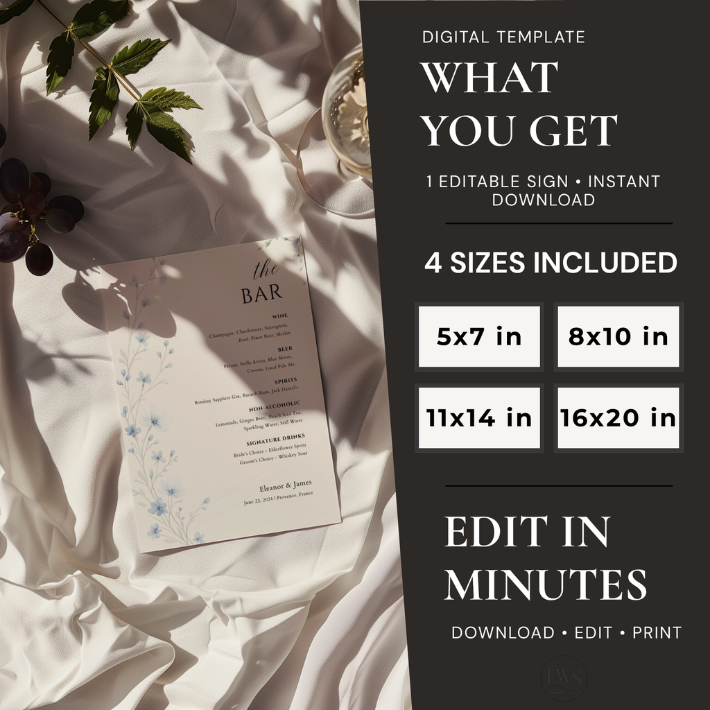 Dusty Blue Wildflower Bar Menu Sign Template | Editable Canva Wedding Sign | Watercolor Drinks Menu | Instant Download