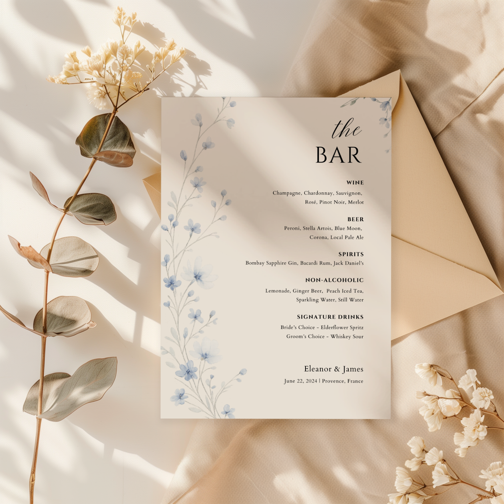 Dusty Blue Wildflower Bar Menu Sign Template | Editable Canva Wedding Sign | Watercolor Drinks Menu | Instant Download