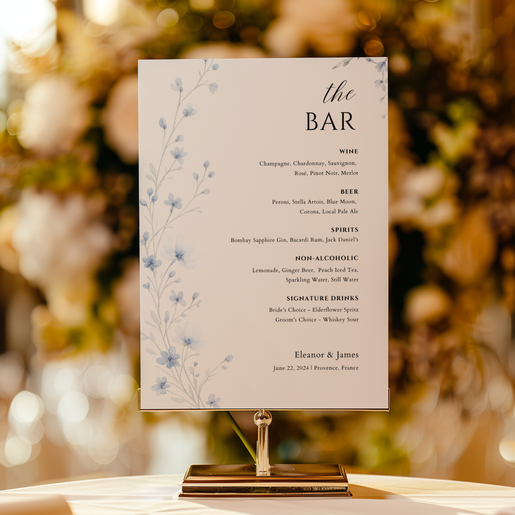 Dusty Blue Wildflower Bar Menu Sign Template | Editable Canva Wedding Sign | Watercolor Drinks Menu | Instant Download