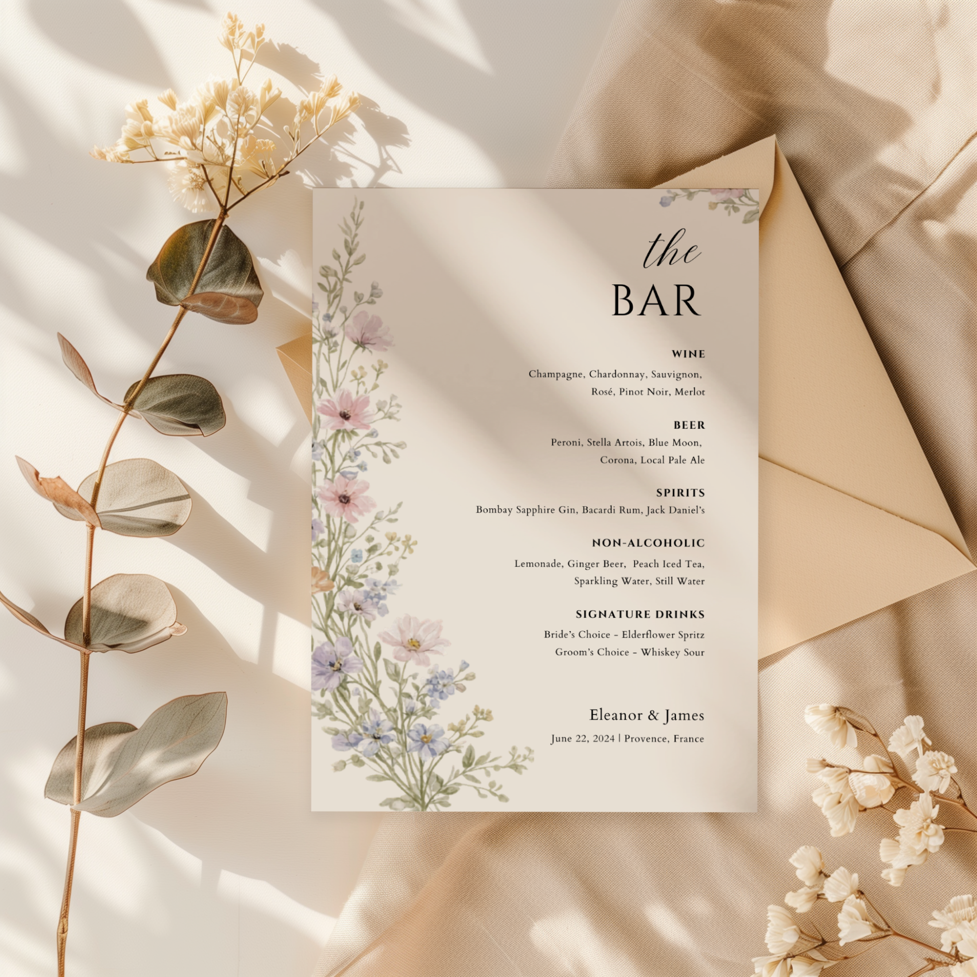 Wildflower Wedding Bar Menu Sign — Editable Canva Template