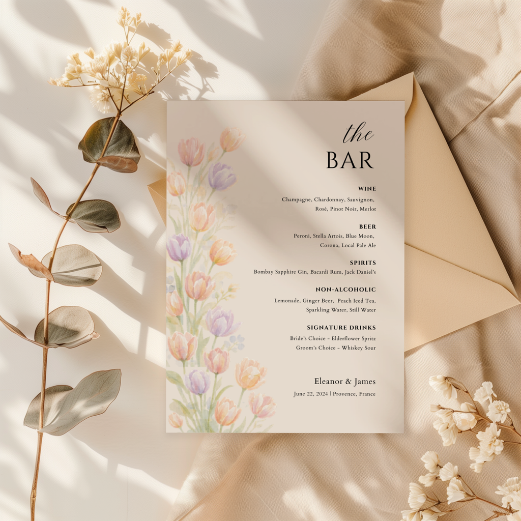 Wildflower Wedding Bar Menu Sign Template | Editable Canva Bar Sign | Pastel Floral Drinks Menu | Instant Download