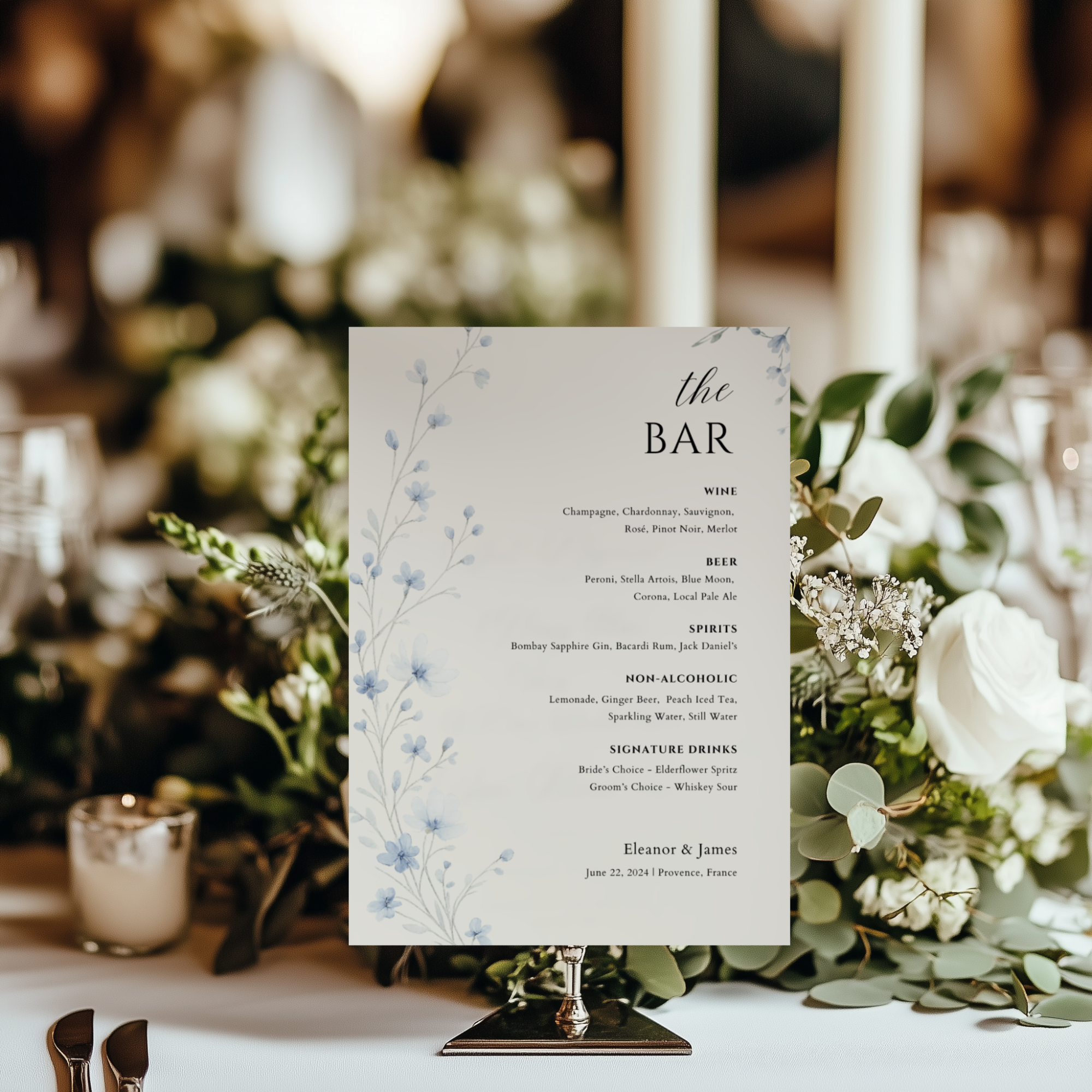 Dusty Blue Wildflower Bar Menu Sign Template | Editable Canva Wedding Sign | Watercolor Drinks Menu | Instant Download