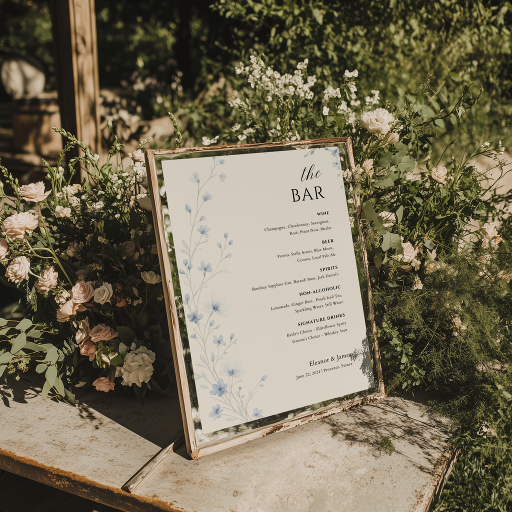 Dusty Blue Wildflower Bar Menu Sign Template | Editable Canva Wedding Sign | Watercolor Drinks Menu | Instant Download