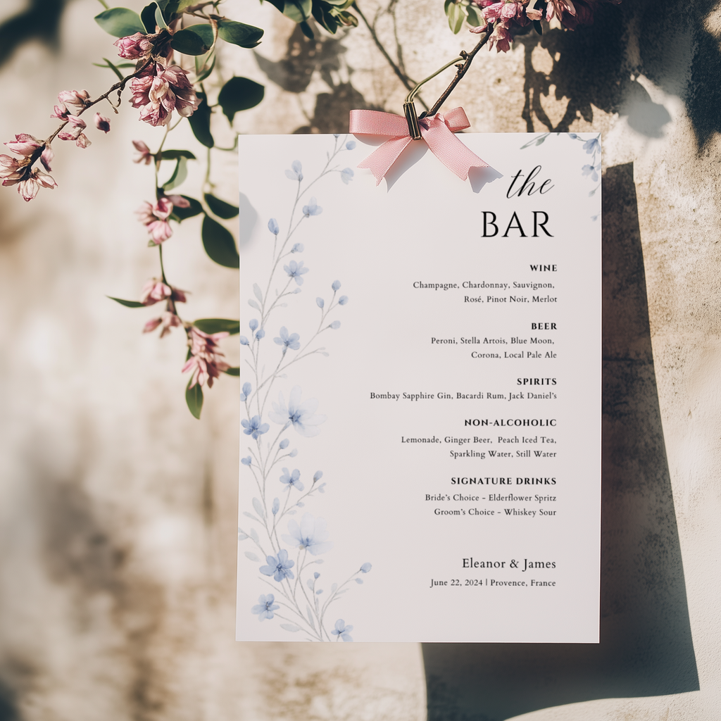 Dusty Blue Wildflower Bar Menu Sign Template | Editable Canva Wedding Sign | Watercolor Drinks Menu | Instant Download