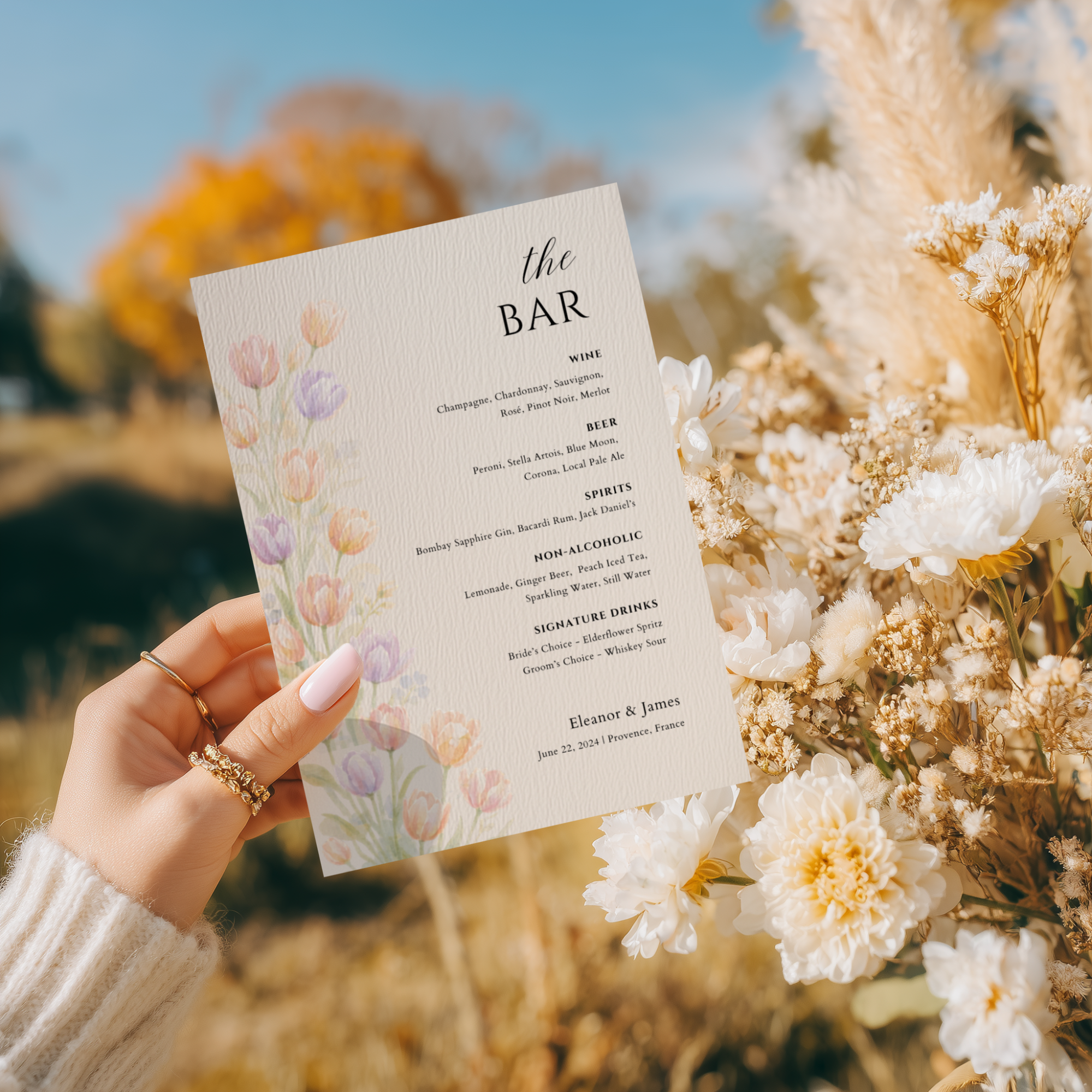 Wildflower Wedding Bar Menu Sign Template | Editable Canva Bar Sign | Pastel Floral Drinks Menu | Instant Download