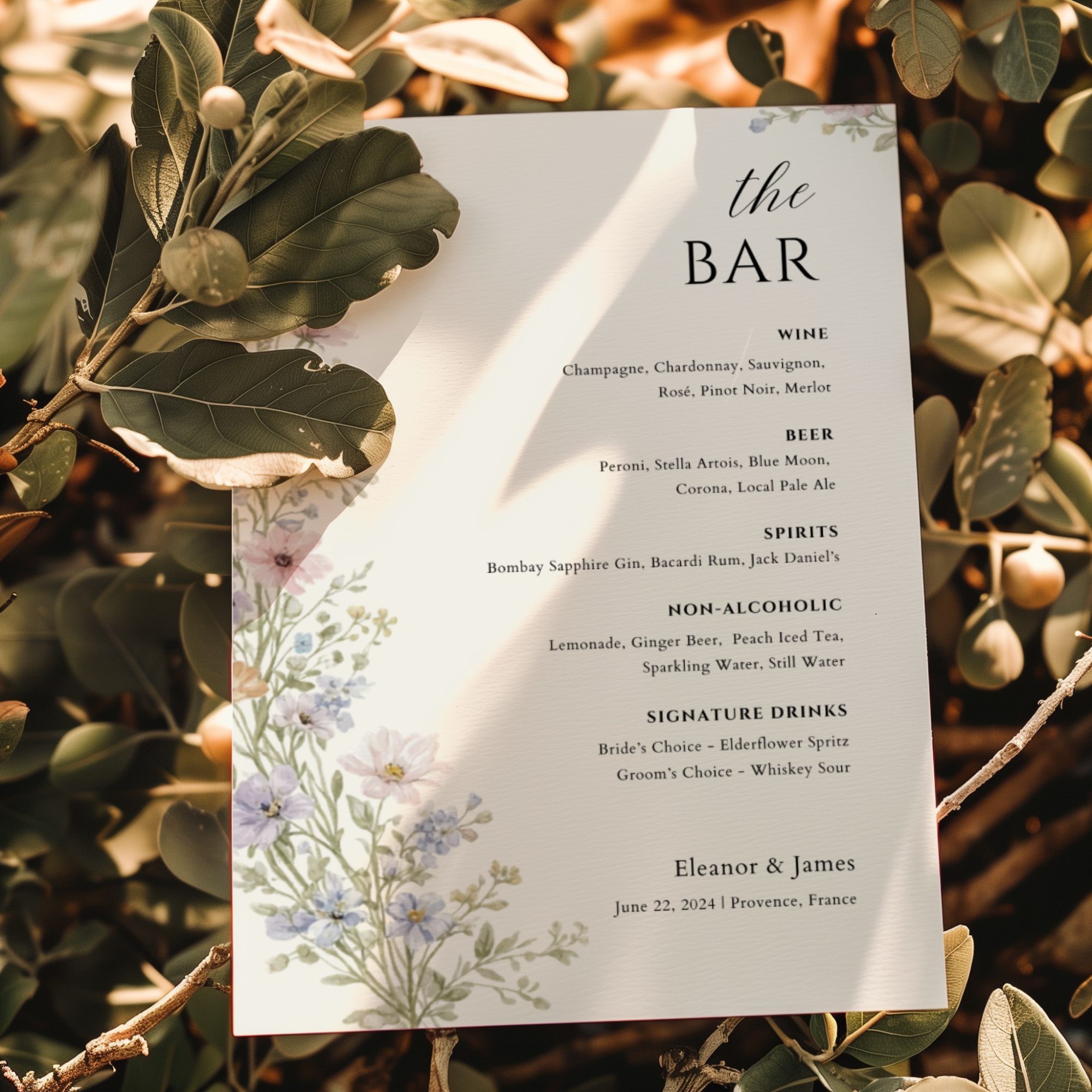 Wildflower Wedding Bar Menu Sign — Editable Canva Template
